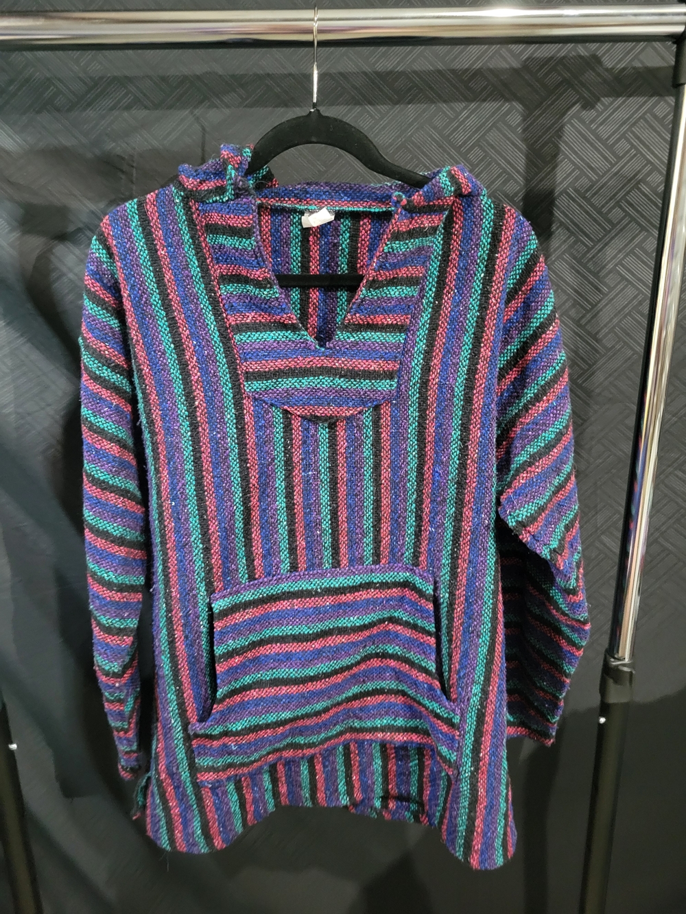 Baja Drug Rug pullover kangaroo pouch Sweater in blue, green and purple size Lrg